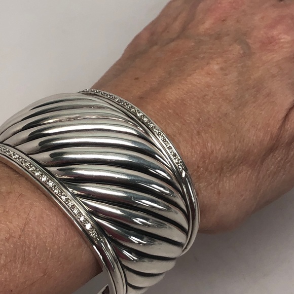 David Yurman Diamond Large Sculpted Cable Cuff Bracelet .925 - Picture 9 of 12